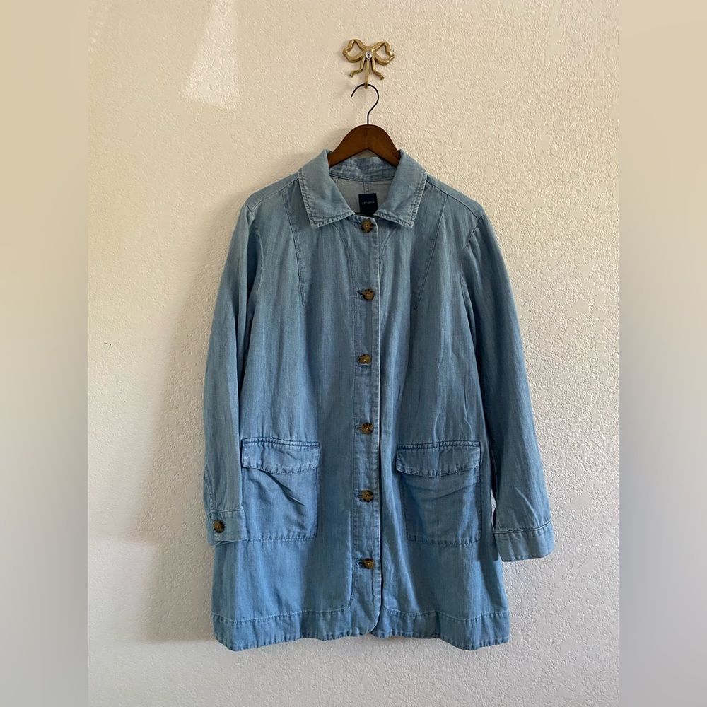 J. Jill Denim Long Jacket Coat Light Blue Cotton Linen Pockets Size XL Petite